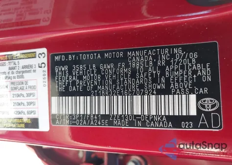 2006 Toyota Corolla Le from USA, damaged, VIN 2T1BR32E16C707924